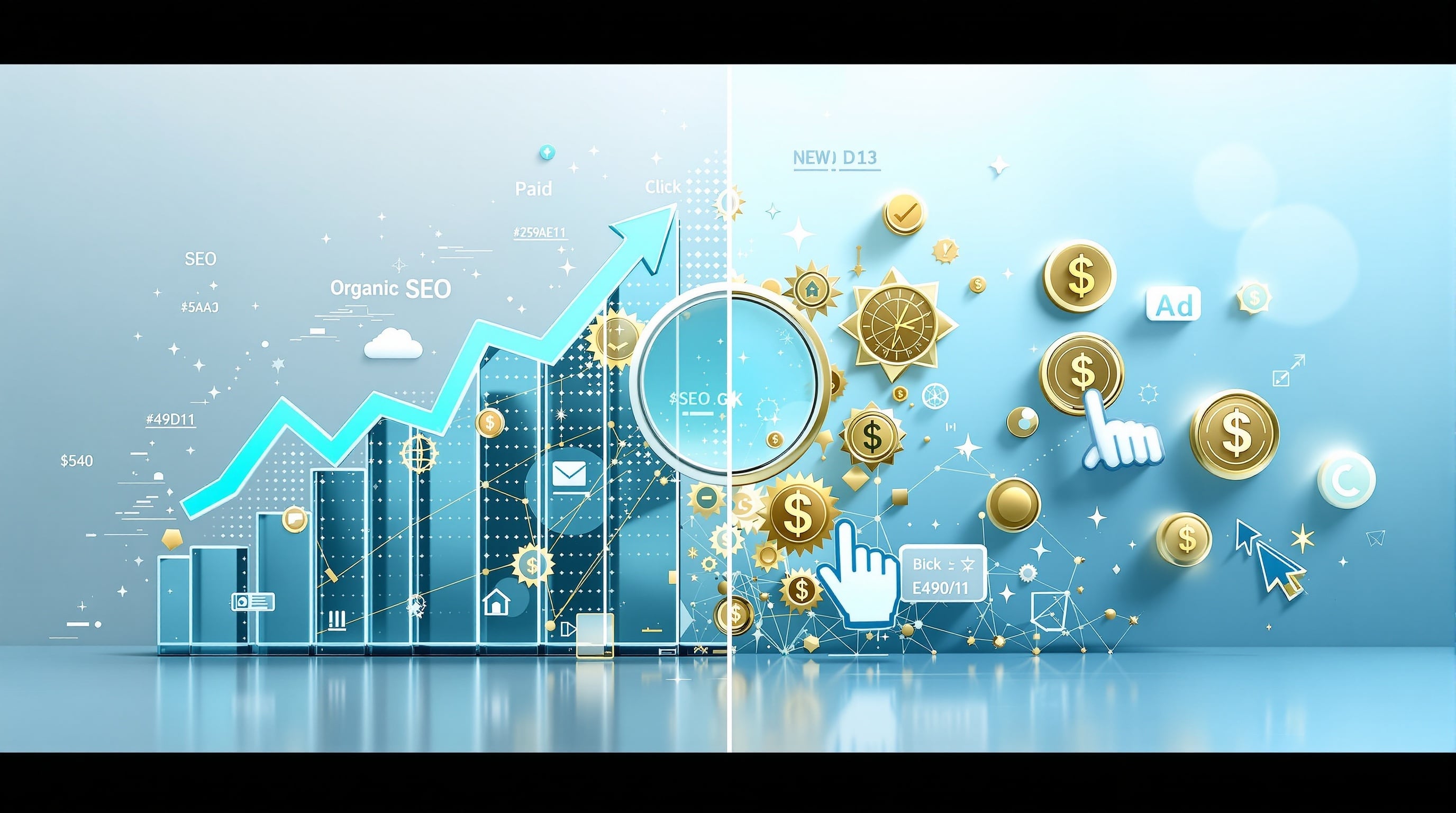 Split comparison of SEO organic results versus paid advertising in a search engine interface
