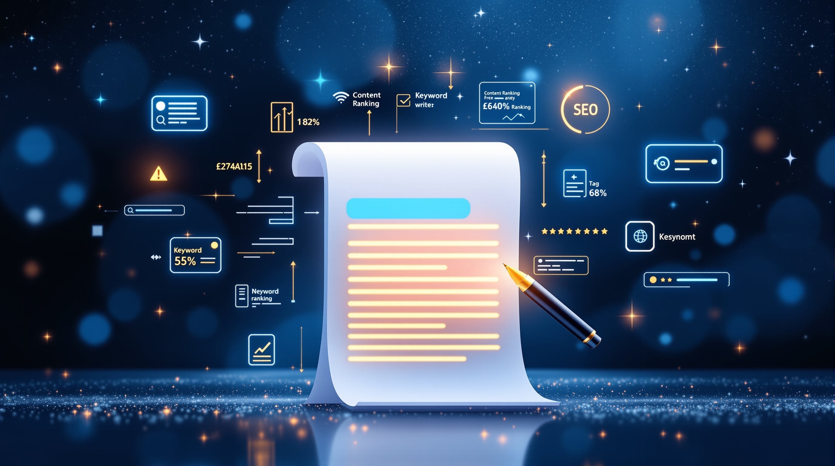 SEO writing guide showing content optimization strategies with keywords and search rankings
