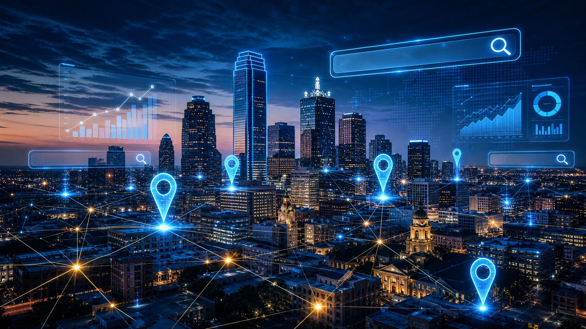 Fort Worth Texas skyline with digital SEO elements representing local search optimization for Tarrant County businesses