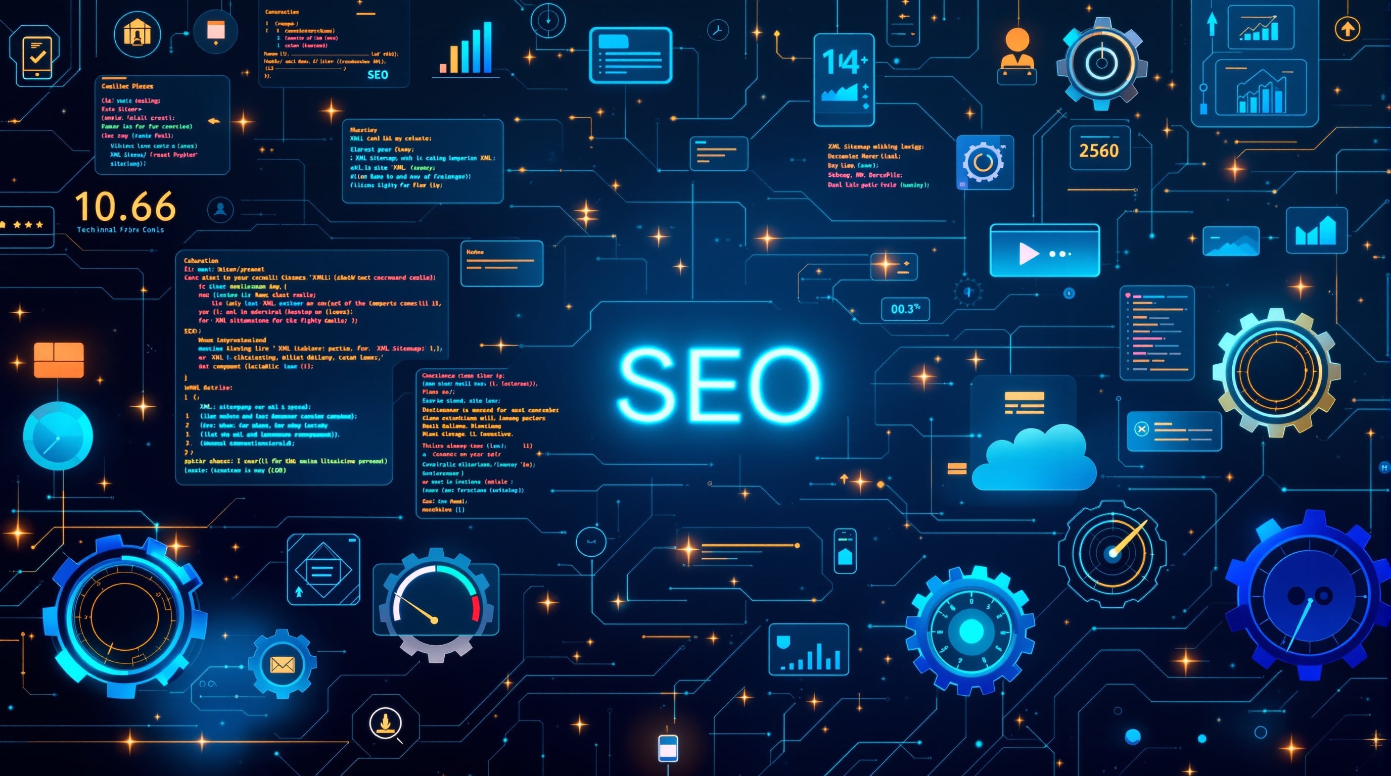 Technical SEO benefits showing code snippets XML sitemaps and site speed optimization