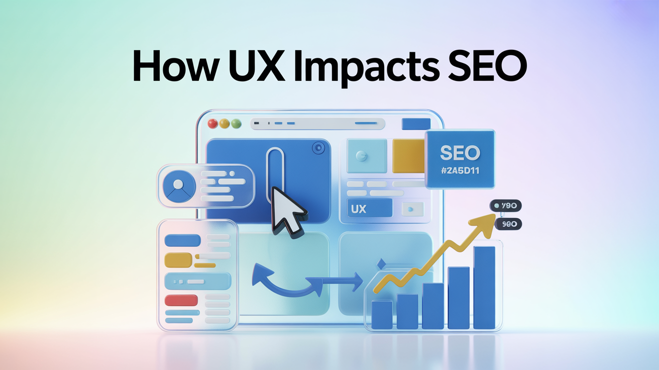 UX design wireframes connecting to SEO ranking graphs showing user experience impact on search