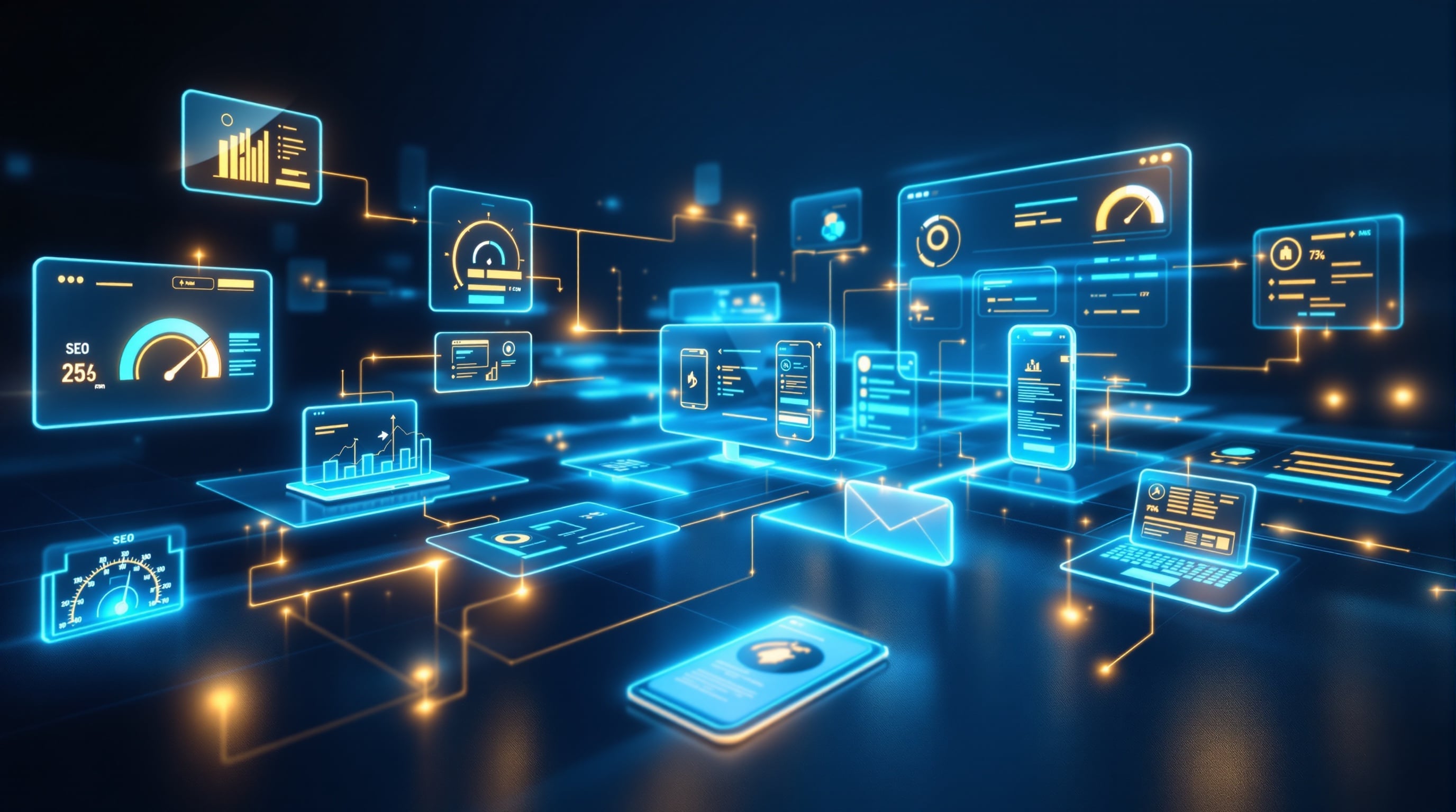 UX and SEO connection showing website wireframes with user journey paths and speed optimization