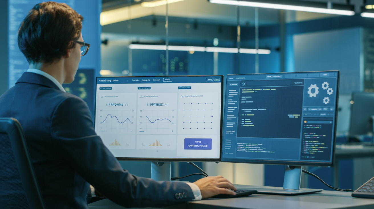 Website maintenance professional reviewing website performance metrics and security on monitor