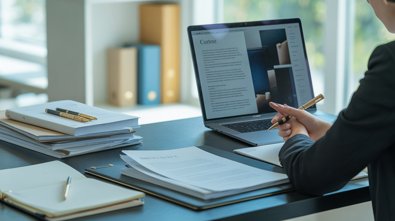 Professional copywriter at a clean desk working on SEO content with laptop and documents