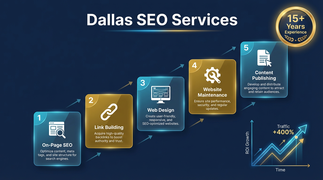 Dallas SEO strategy infographic showing on-page SEO, link building, web design, and content marketing services
