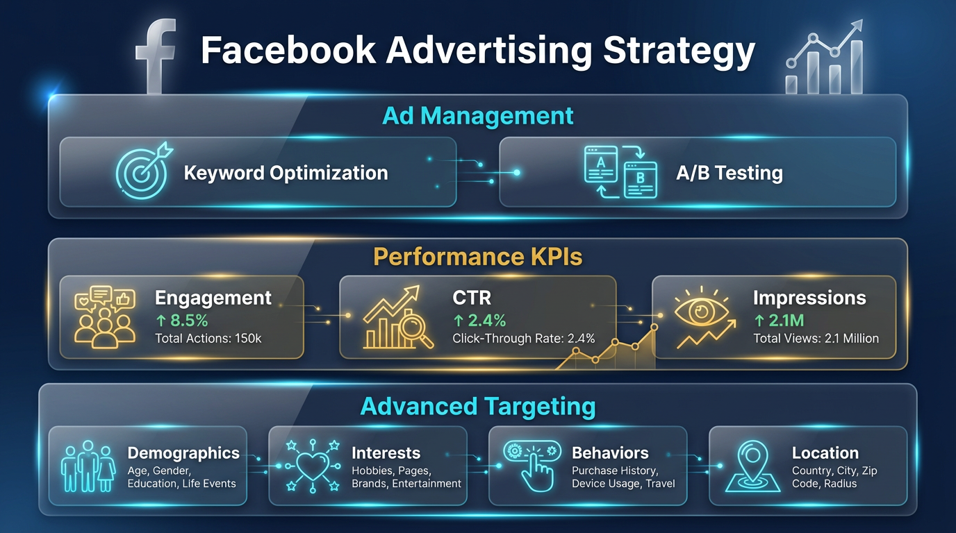 Facebook advertising strategy infographic showing ad management, KPIs, and targeting features