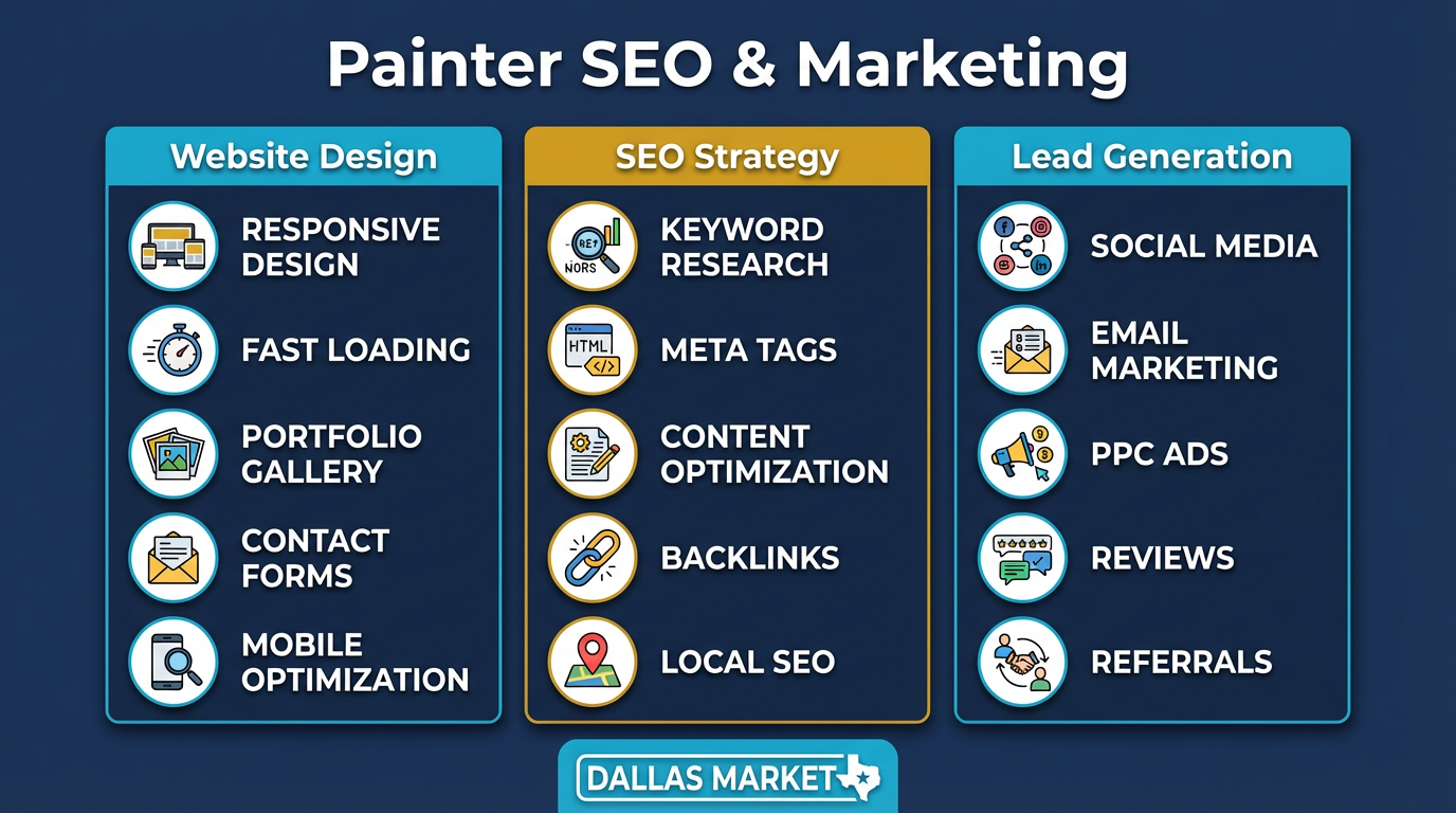 Painter SEO strategy infographic showing website design, local SEO, and lead generation for Dallas painting companies