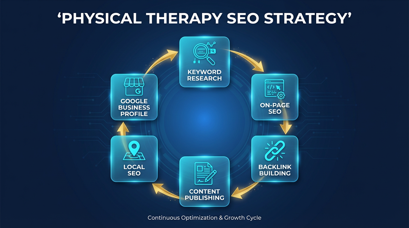 Physical Therapy SEO strategy infographic showing key SEO pillars for PT practices