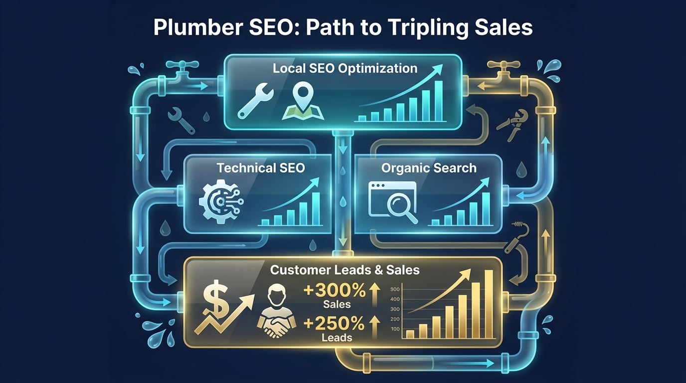 Plumber SEO strategy infographic showing local SEO, technical optimization, and lead generation