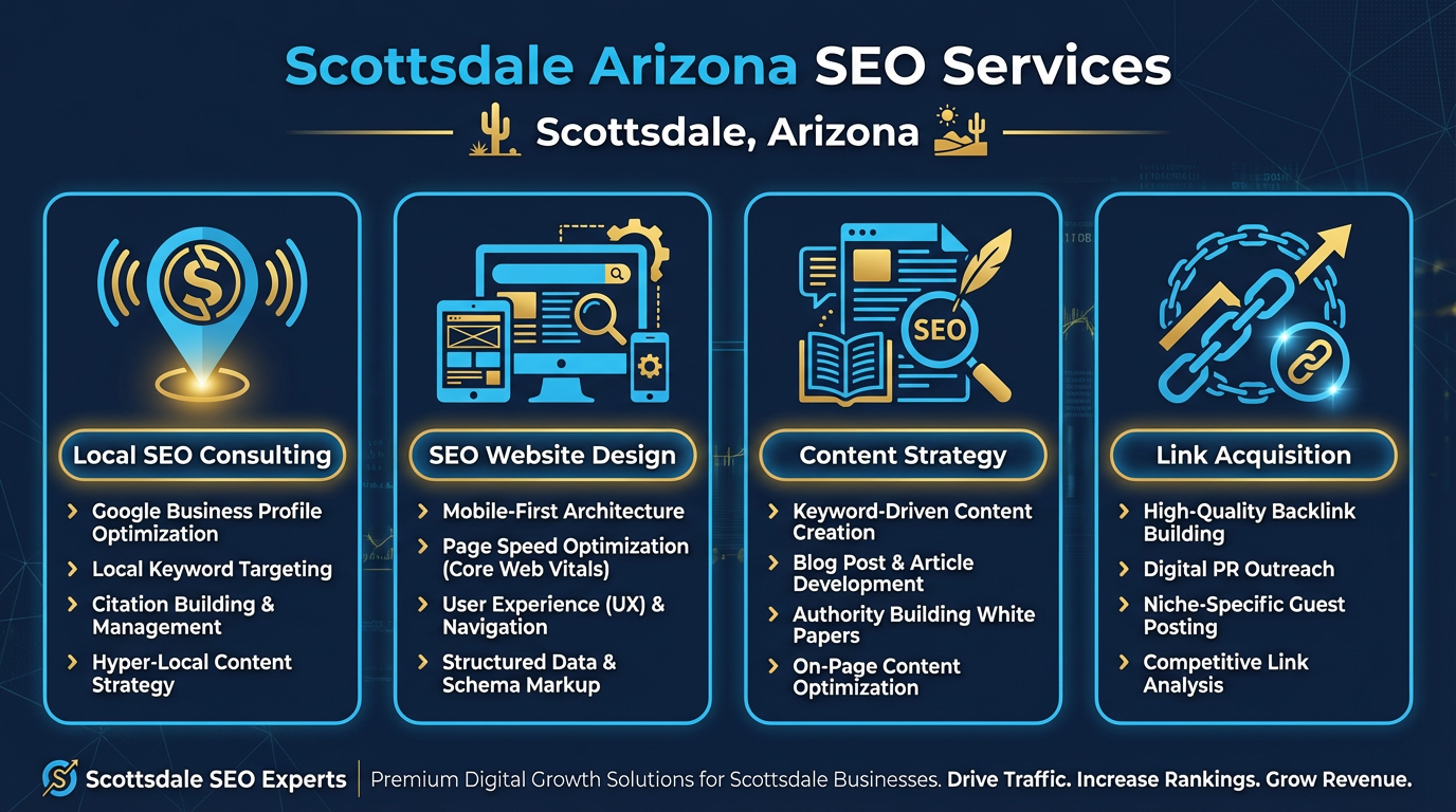 Scottsdale Arizona SEO strategy infographic showing local SEO consulting, website design, content strategy, and link acquisition