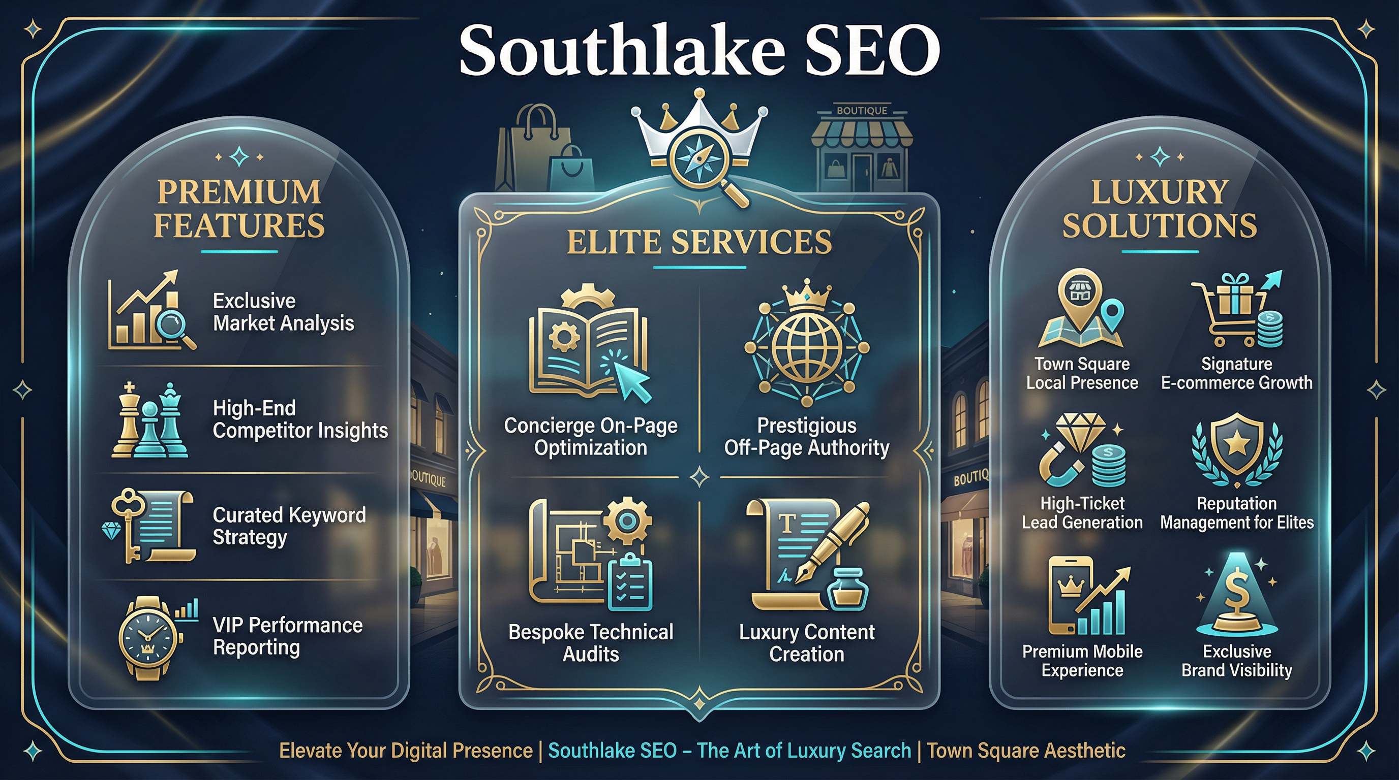 Southlake SEO strategy infographic showing premium content, luxury brand development, and upscale market optimization